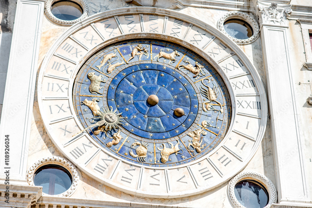 Close-up view on Saint Marks clock on the central square in Venice