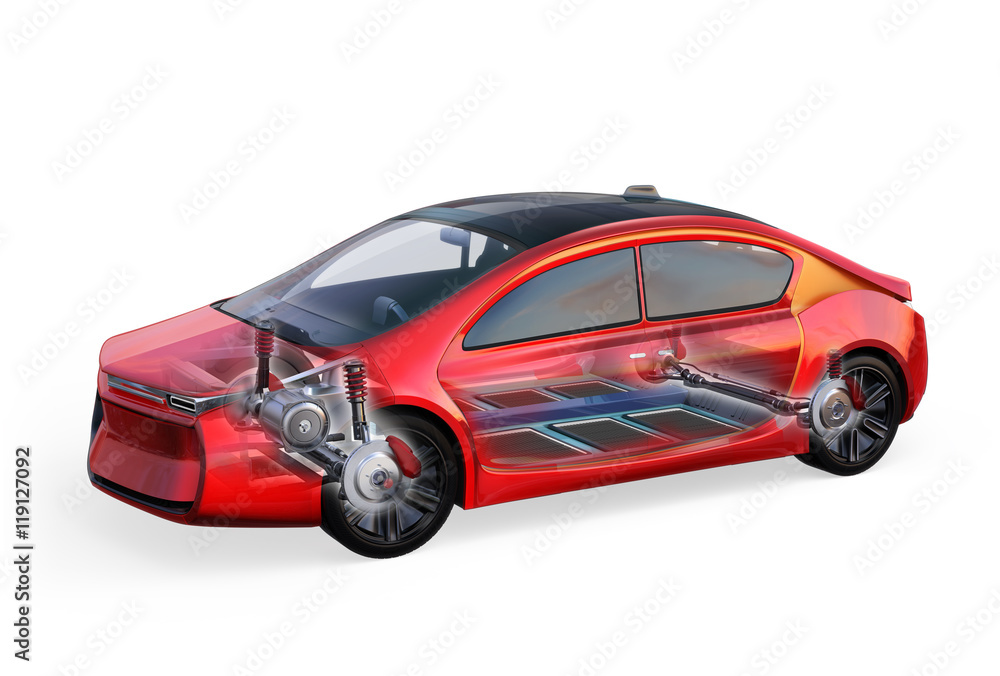 Electric vehicle body and frame  isolated on white background. 3D rendering image.