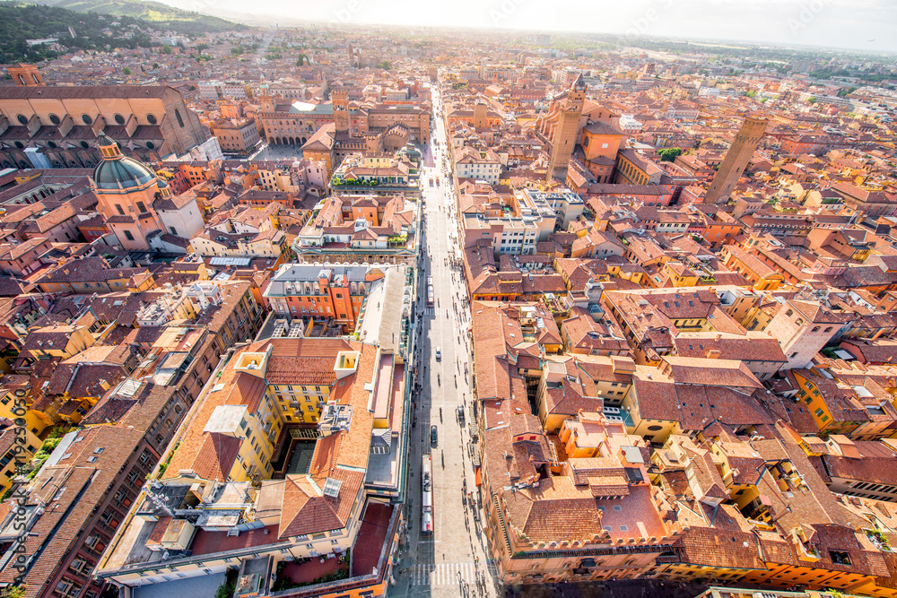 Aerial cityscape view from the tower on Bologna old town in Italy