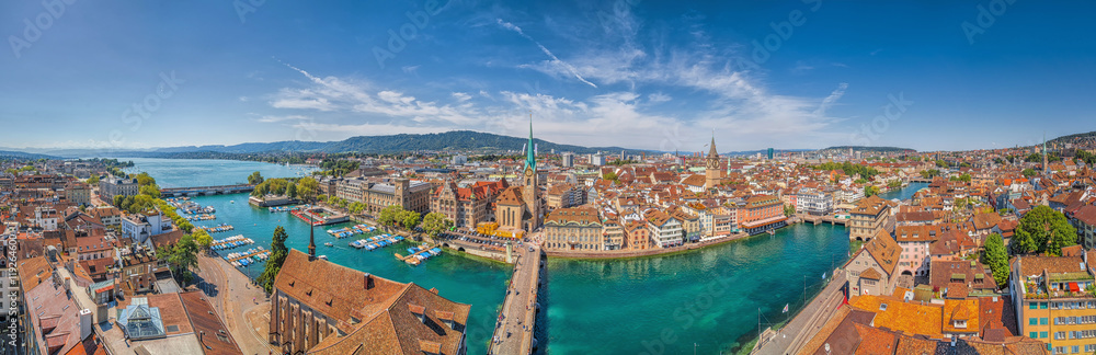 Aerial view of Zürich city center with river Limmat, Switzerland