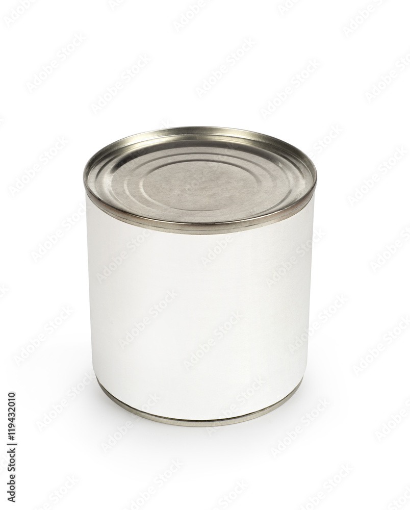 Metal can for preserved food on white background 