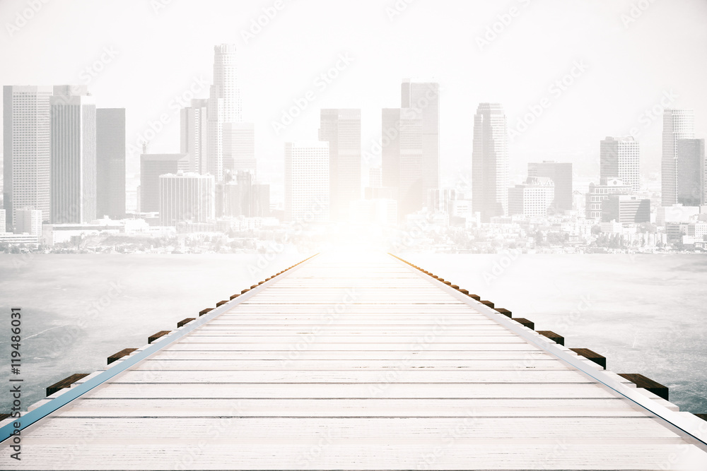 Wooden pier on city background