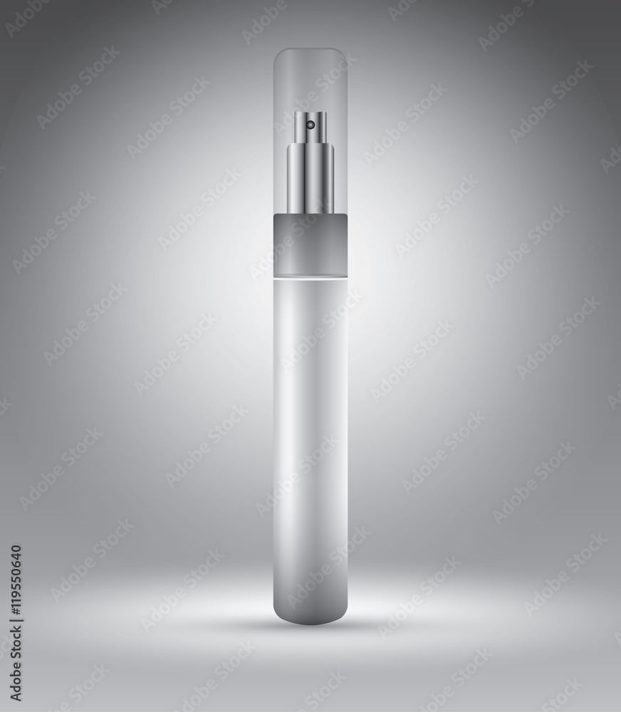 Perfume bottle on grey vector illustration template for advertising