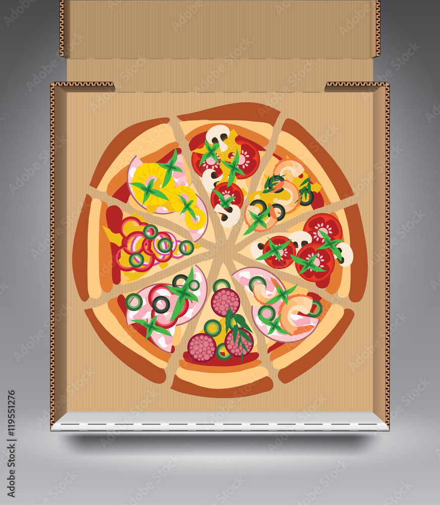 Box with pizza on grey vector illustration template for advertising