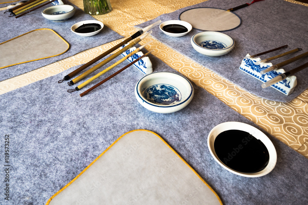 chinese calligraphy tools on table