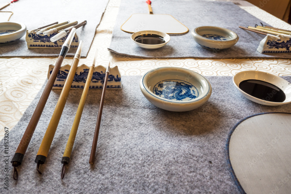 chinese calligraphy tools on table