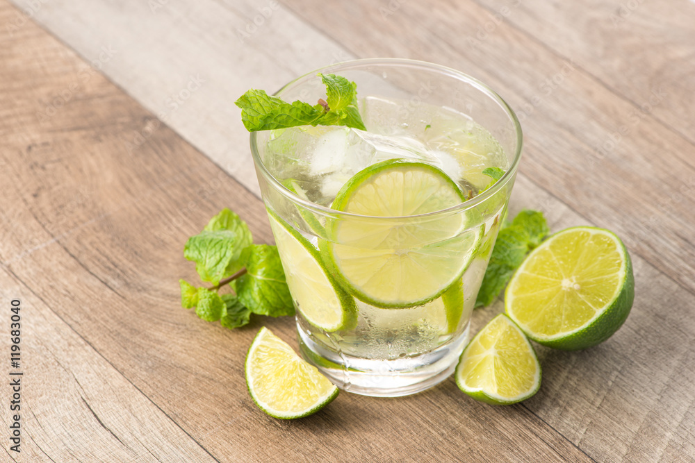 Drink for hot summer days. Fresh lime and lemon lemonade with mi