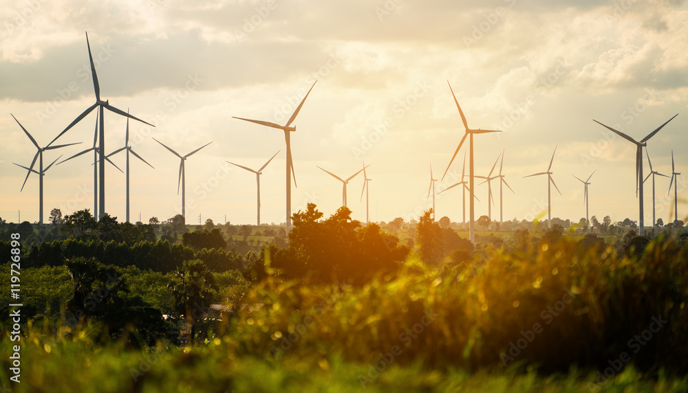 Wind turbine farm on hillside