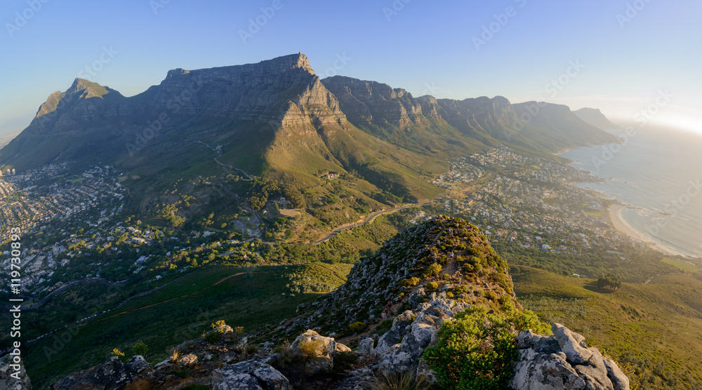 View of Table Mountain and 12 Apostles from Lions Head. Cape Town. Western Cape. South Africa