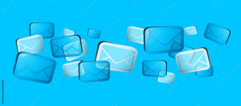 Numerous white and blue email icons flying 3D rendering’