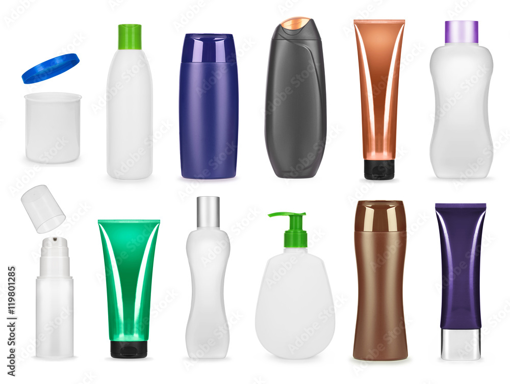 set of cosmetic plastic bottles isolated on white background