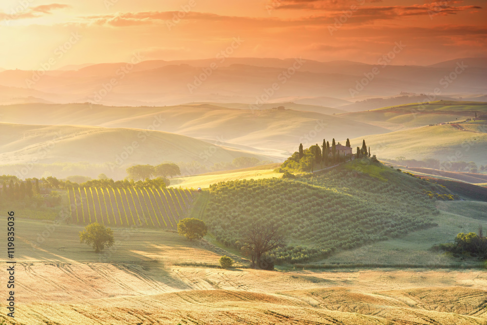 Beautiful tuscan landscape view in Val dOrcia region near Pienza town on the morning in Italy