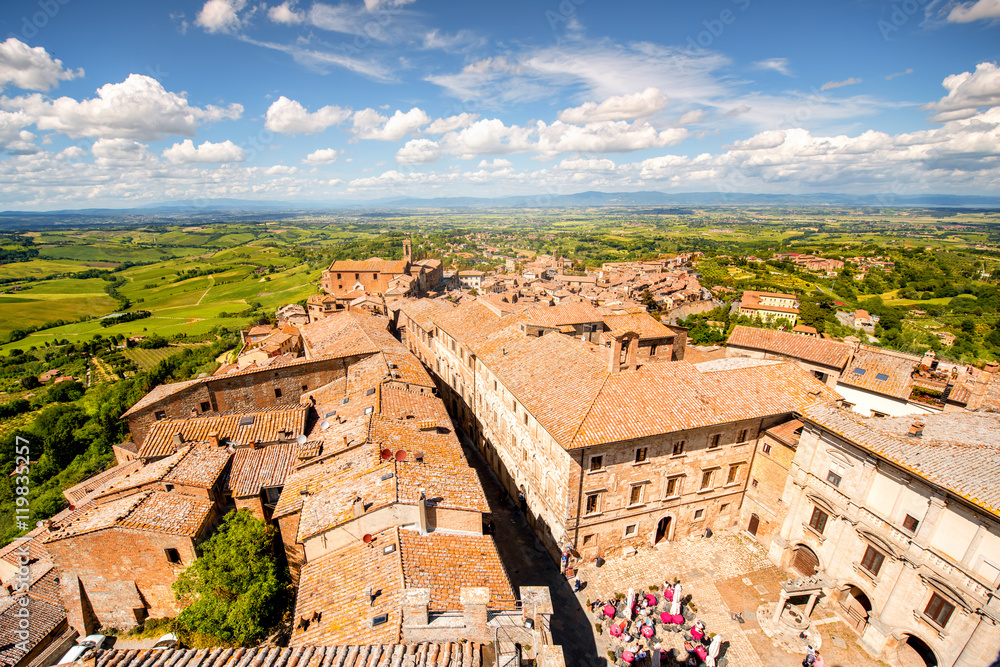 Montepulciano cityscape view on the old buildings on the main central square in Tuscany region in It