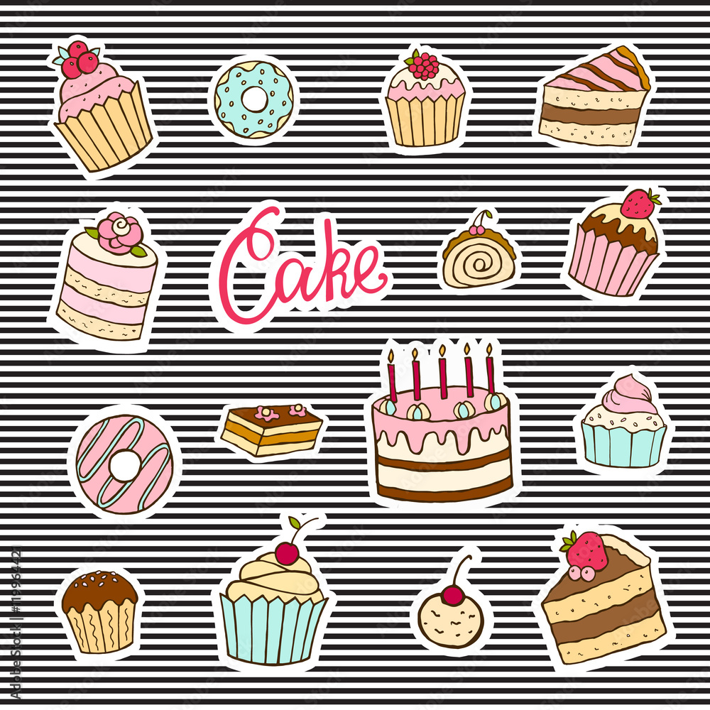 Vector stickers of cakes and sweet desserts.