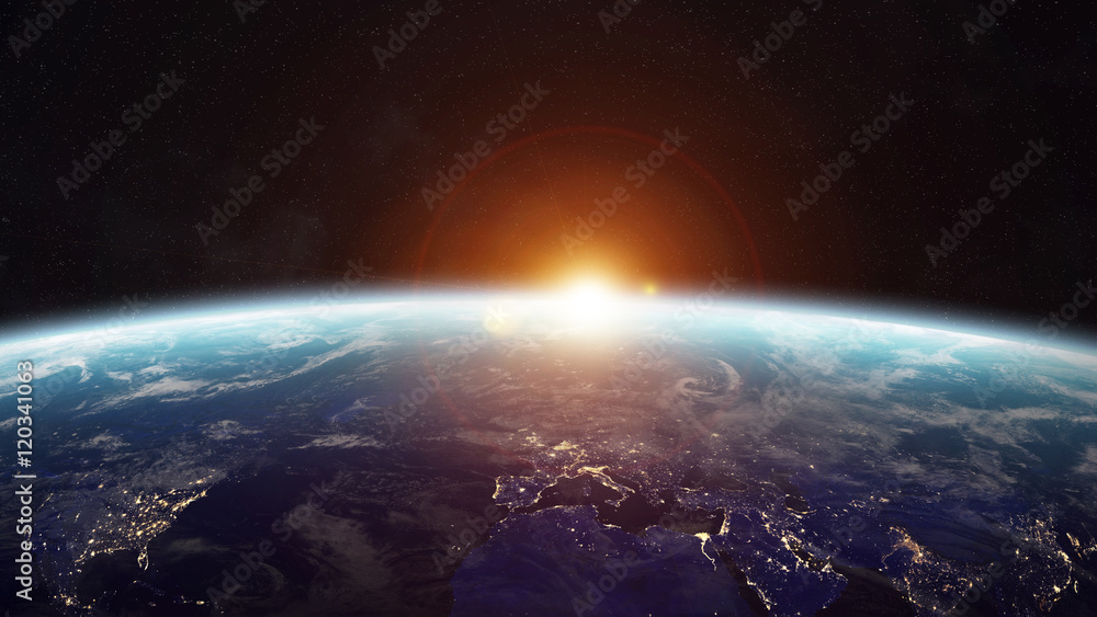 Sunrise over planet Earth in space 3D rendering elements of this