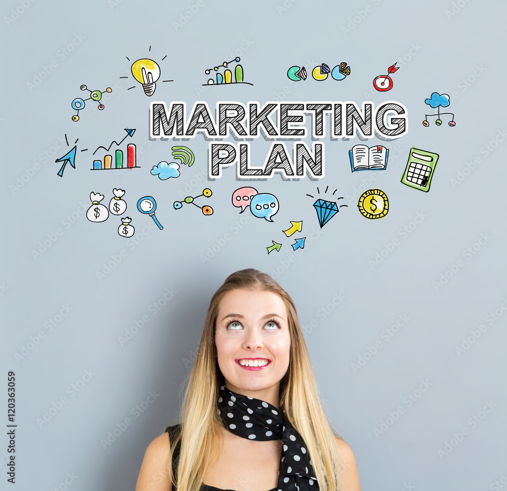 Marketing Plan concept with happy young woman