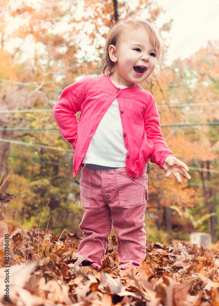 Happy toddler girl playing in the fall leaves