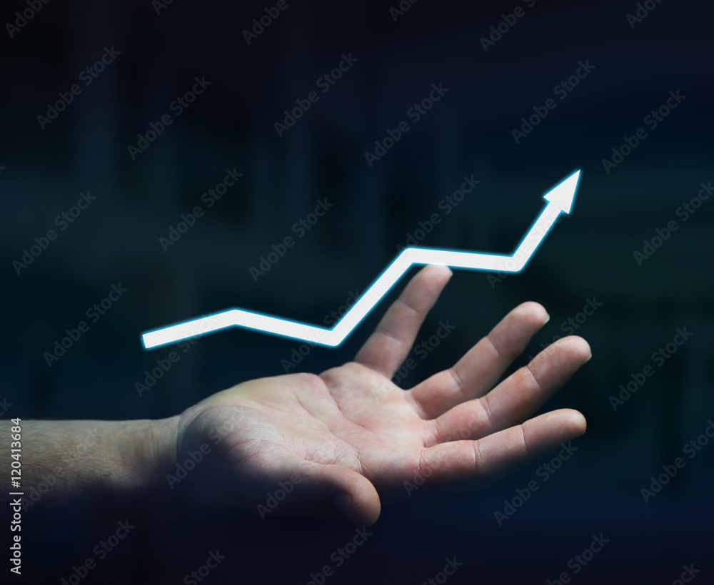 Businessman holding digital arrow 3D rendering