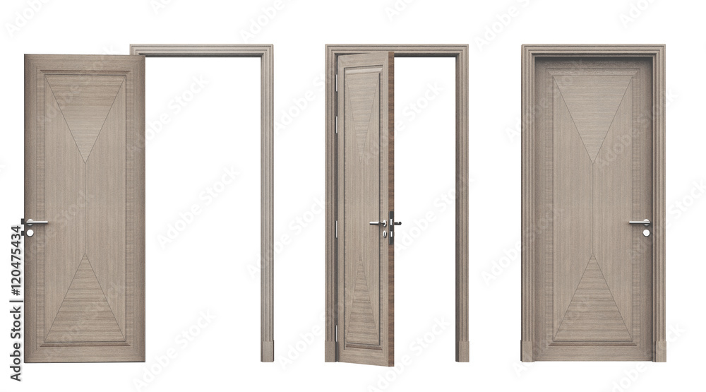 Tre porte in legno aperte e chiuse render 3d