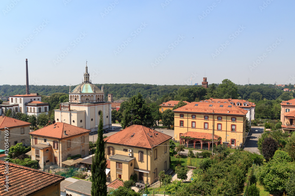 Panorama of historic industrial town Crespi dAdda near Bergamo, Lombardy, Italy