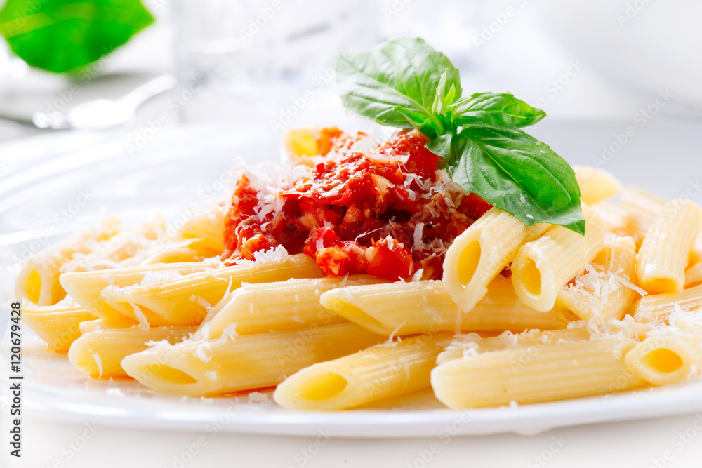 Pasta Penne with Bolognese sauce, Parmesan cheese and Basil