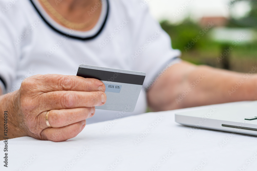 elderly lady makes a purchase through the Internet with a credit