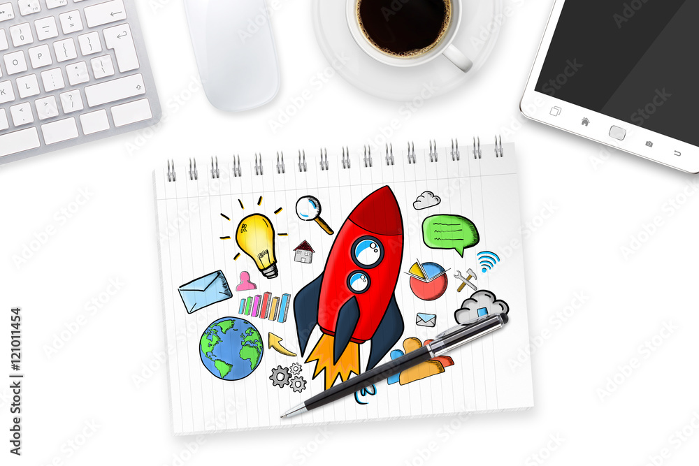 Red hand drawn rocket with icons on office background