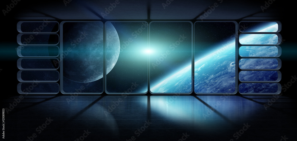 View of the planet earth from a huge spaceship window 3D renderi