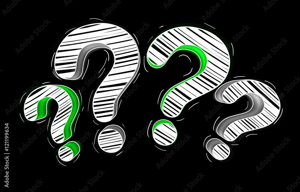 Green and white hand drawn question marks