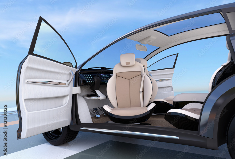 Self-driving SUV interior concept. Front seats can rotate in any angle, for easy entry function. 3D 