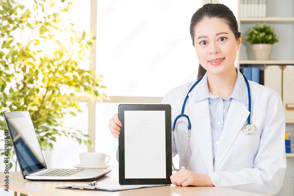 doctor using digital tablet to show patients medical case