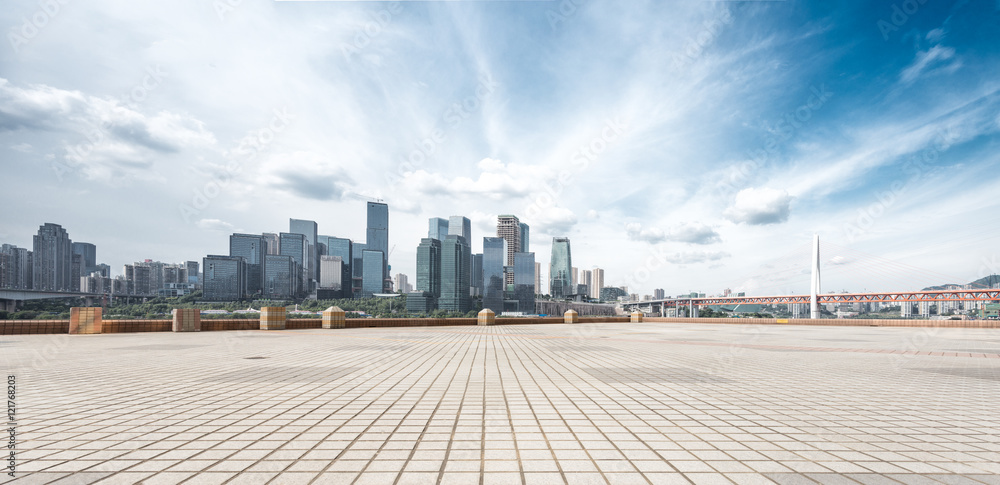 cityscape and skyline of chongqing from empty brick floor