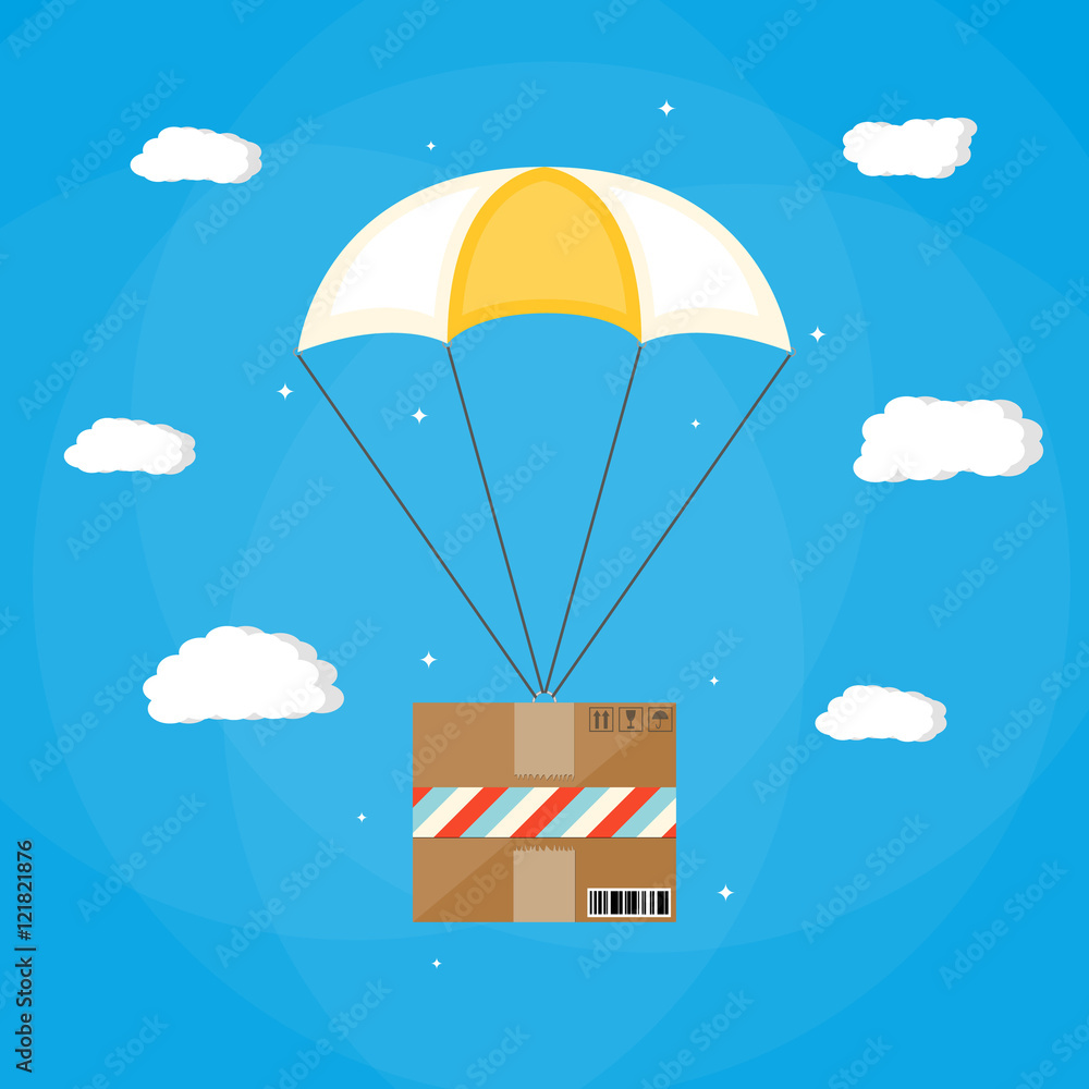 Delivery service, air shipping. Parachute with box