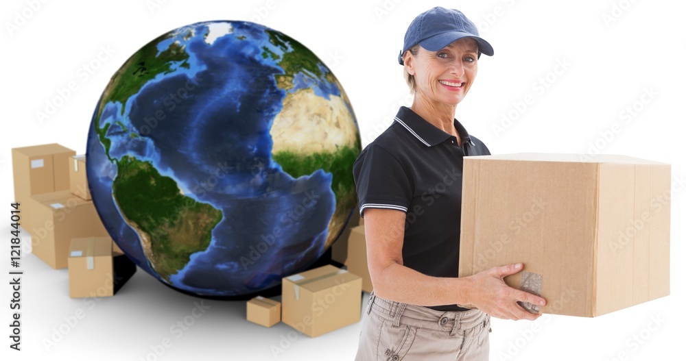 Composite image of happy delivery woman holding cardboard box