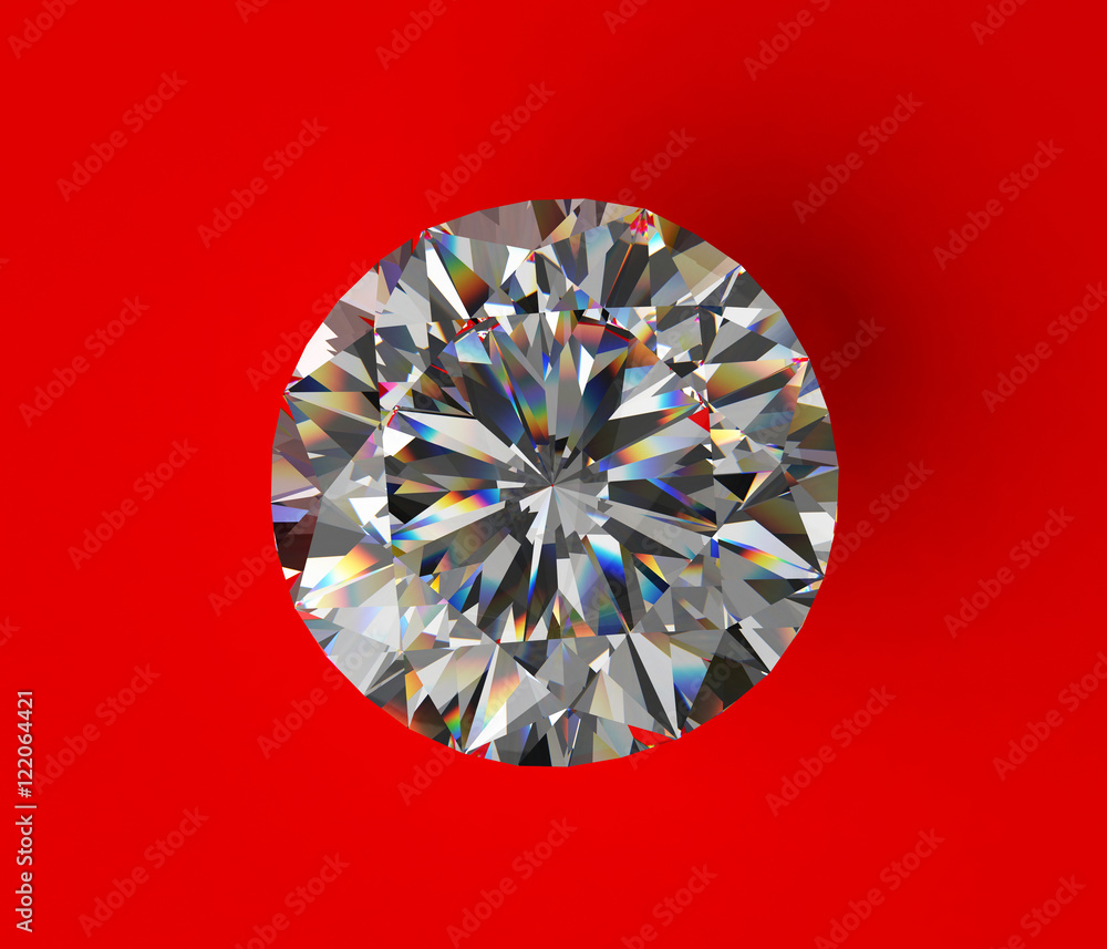 Diamond in top view with caustic isolated on red background, 3d illustration.