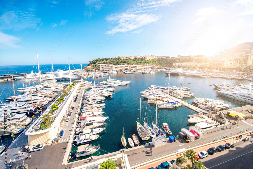 Landscape view on the bay with luxury yachts on the french riviera in Monte Carlo in Monaco