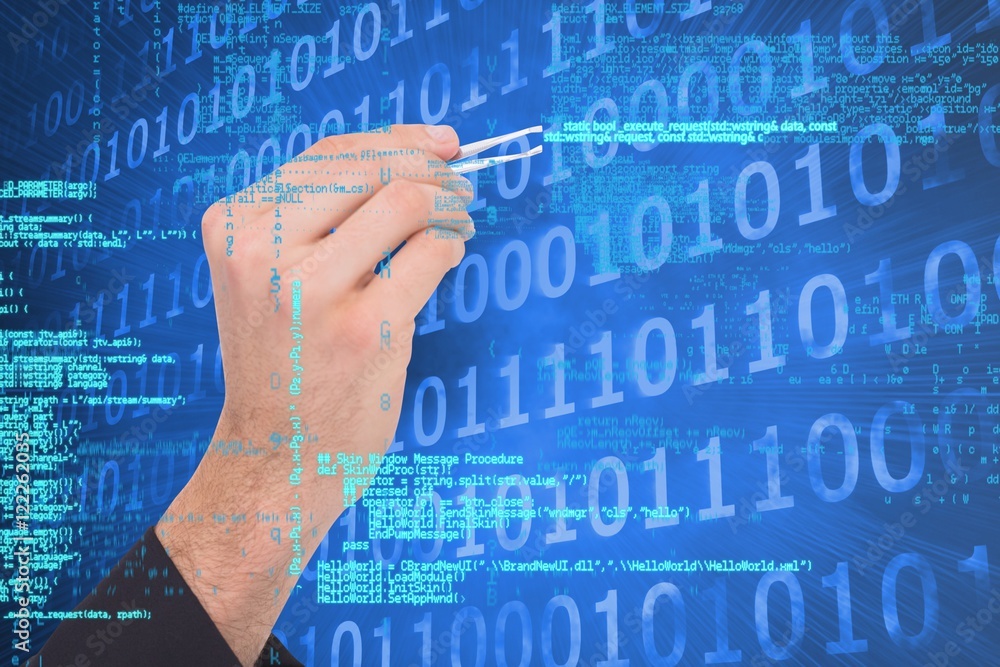 hand with tweezers pointing at data