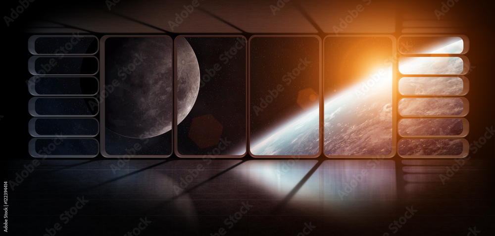 View of the planet earth from a huge spaceship window 3D renderi