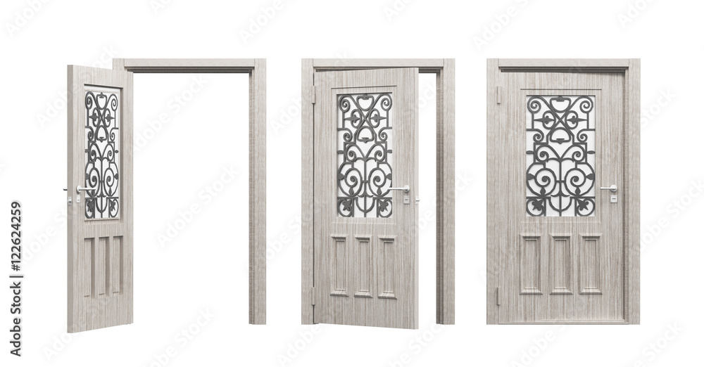 Tre porte in legno con vetro decorato antiche render 