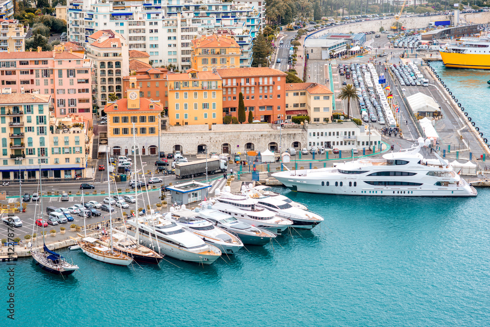 Top view on the city and harbor with yachts and boats in Nice city in France