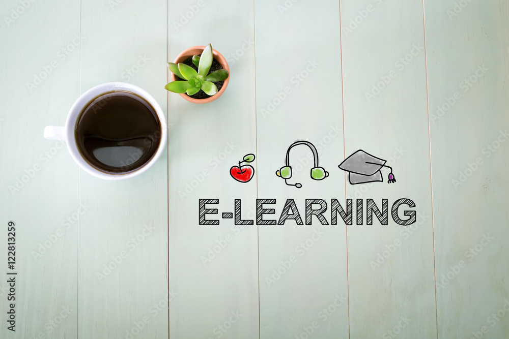 E-Learning concept with a cup of coffee