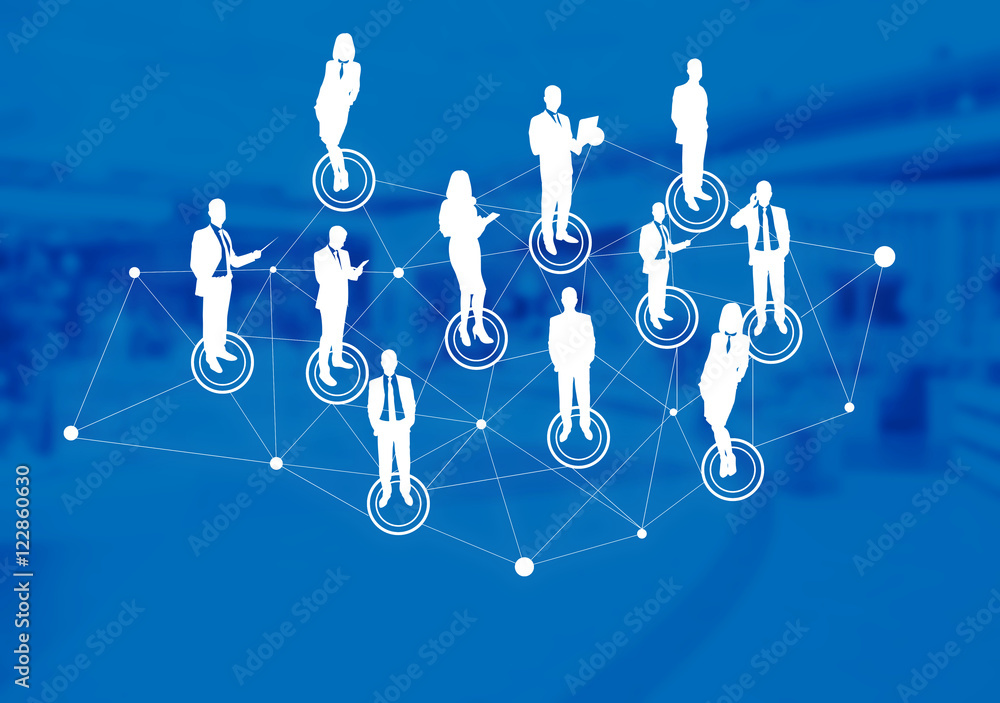 Business people silhouettes and social network connection on blurred office background. Modern busin