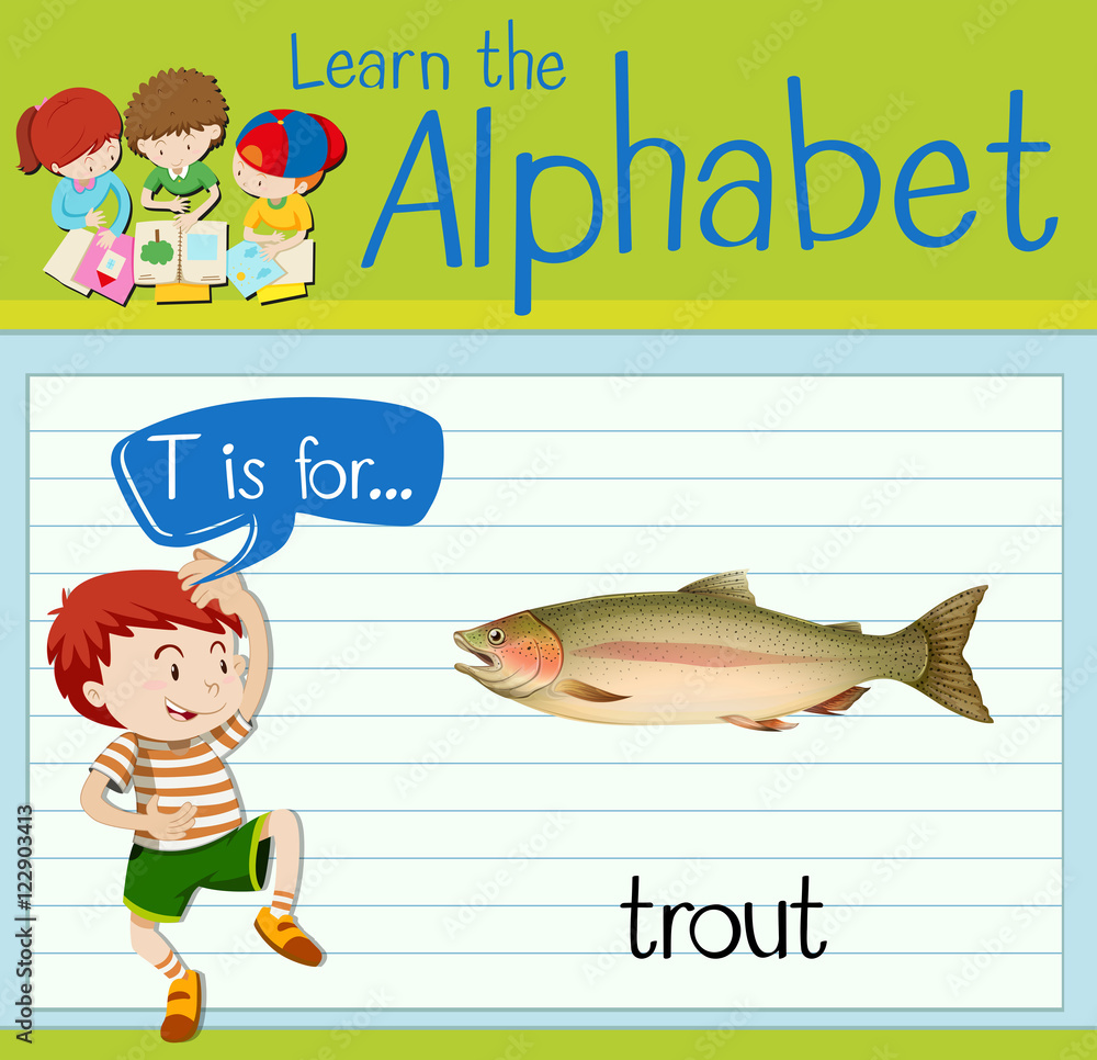 Flashcard letter T is for trout