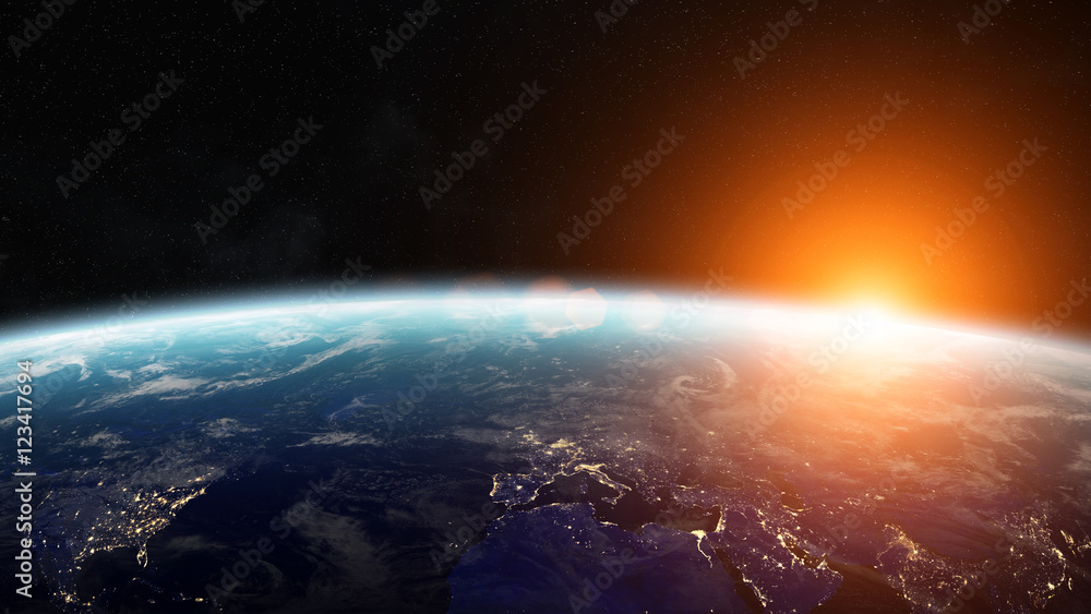 Sunrise over planet Earth in space 3D rendering elements of this