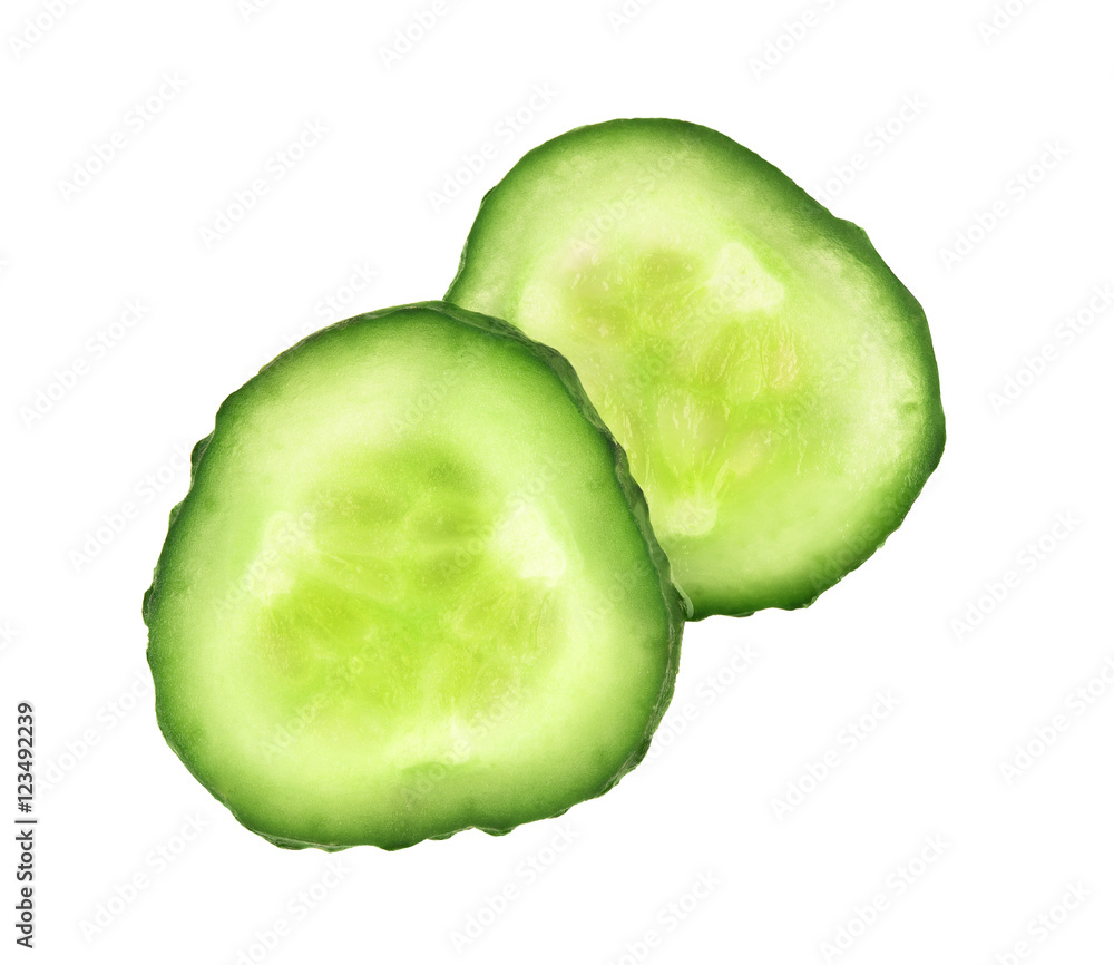 Two fresh slices of cucumber close-up isolated on white backgrou