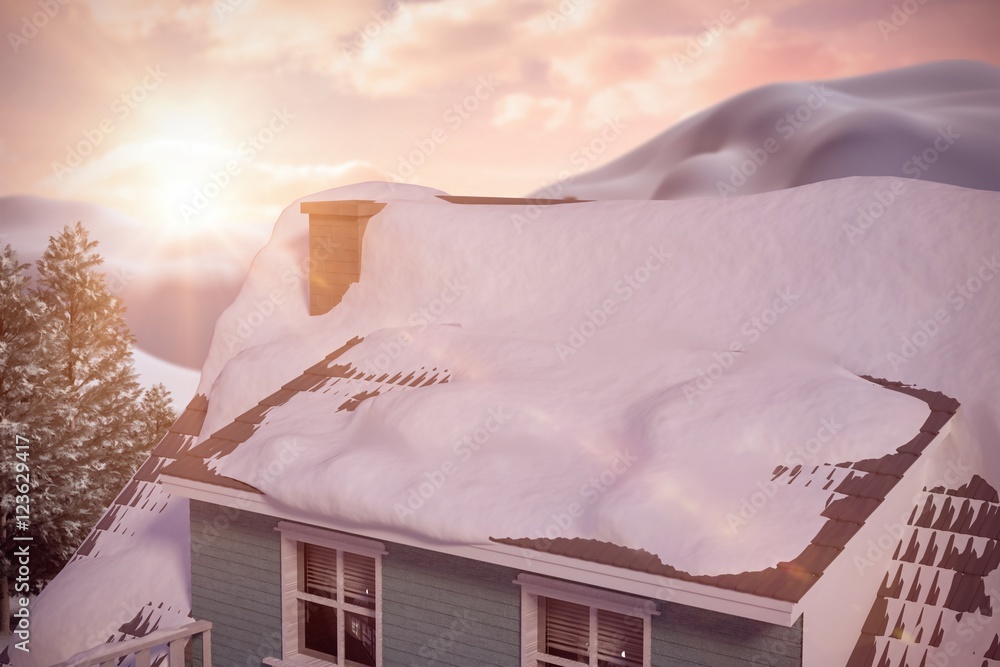 Composite image of snow covered roof of house