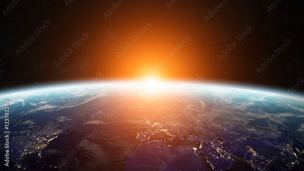 Sunrise over planet Earth in space 3D rendering elements of this