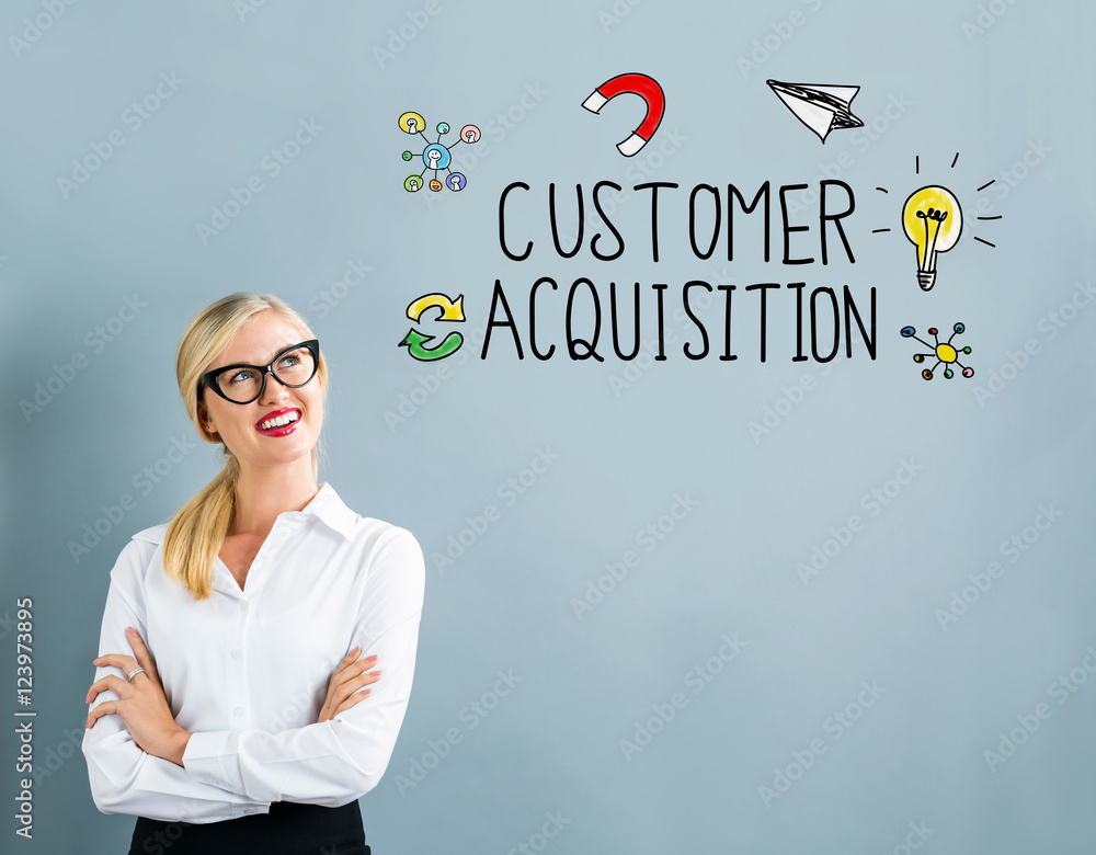 Customer Acquisition text with business woman