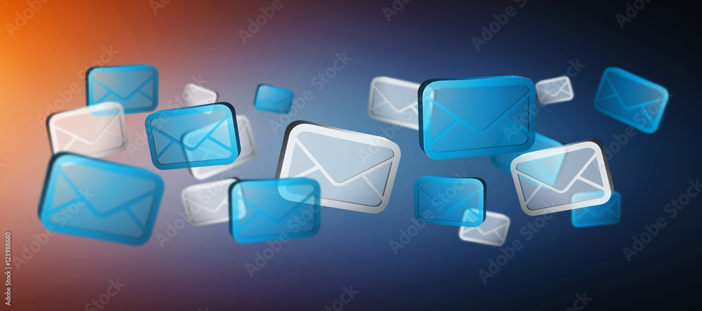 Numerous white and blue email icons flying 3D rendering’