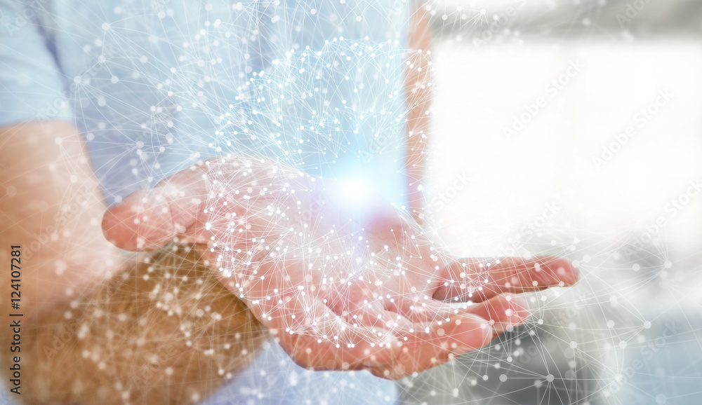 Businessman using data network with his hand